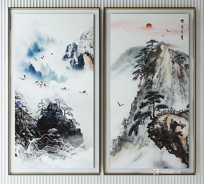 Chinese Landscape Painting With Misty Mountains Clouds Pine Trees Flying Birds And Red Sun 3d model 