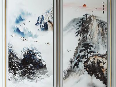 Chinese Landscape Painting With Misty Mountains Clouds Pine Trees Flying Birds And Red Sun 3d model