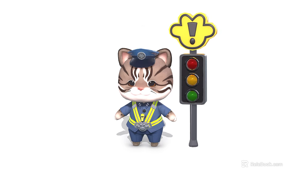 Cartoon Cat in Police Uniform Standing by Traffic Light with Yellow Exclamation Sign 3d model 