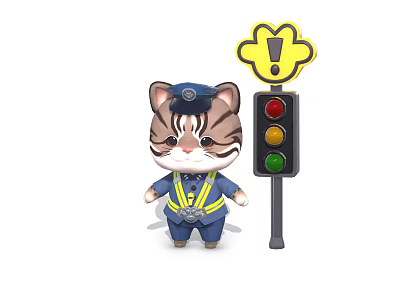 Cartoon Cat in Police Uniform Standing by Traffic Light with Yellow Exclamation Sign 3d model