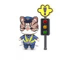 Cartoon Cat in Police Uniform Standing by Traffic Light with Yellow Exclamation Sign