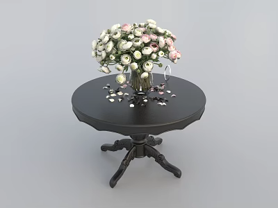 Black Round Coffee Table with Carved Base Featuring Bouquet of Flowers and Scattered Petals 3d model