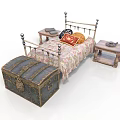 Vintage Bedroom Interior With Brass Bed Frame Patterned Bedspread Wooden Nightstands And Antique Trunk