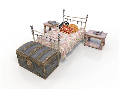 Vintage Bedroom Interior With Brass Bed Frame Patterned Bedspread Wooden Nightstands And Antique Trunk 3d model