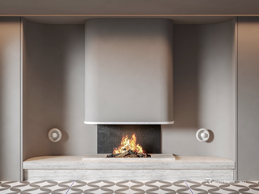 Modern Fireplace With Burning Fire Gray Walls Stone Hearth Round Decor And Geometric Floor Tiles 3d model 