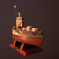 Warship Model with Green Red Camouflage Two Chimneys and Cannons on Wooden Base Named MILAN