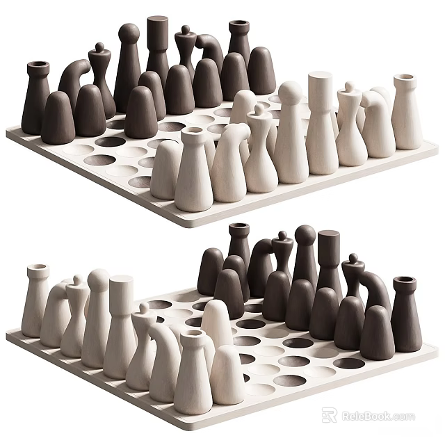 Modern Chess Pieces Set With Black And White Shapes On Wooden Trays 3d model 