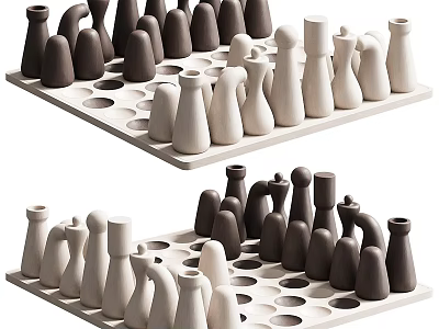 Modern Chess Pieces Set With Black And White Shapes On Wooden Trays 3d model