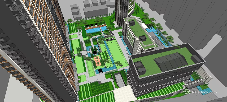 Modern Urban Residential Landscape With High Rise Buildings Green Open Spaces And Water Features 3d model 