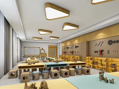 School Craft Classroom with Wooden Tables Tool Displays and Kid Toys 3d model
