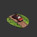 Red Car On Dirt Road With Road Sign Grass Flowers And Roof Luggage