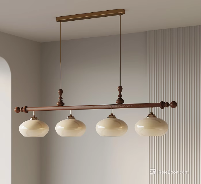 Wooden Chandelier with Four White Lampshades and Decorative Balls on Light Wall with Vertical Stripes 3d model 