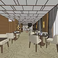 Elegant Restaurant Interior With Wooden Walls Grid Ceiling White Chairs Dark Tables And Patterned Flooring
