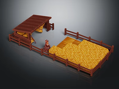 Wooden Farm Stable Setup With Hay Area Fenced Enclosure And Horse Figure 3d model