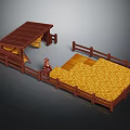 Wooden Farm Stable Setup With Hay Area Fenced Enclosure And Horse Figure
