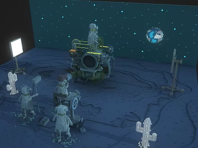 Cartoon Scene With Space Background Earth Lunar Rover Astronauts Cacti And Moon Surface 3d model