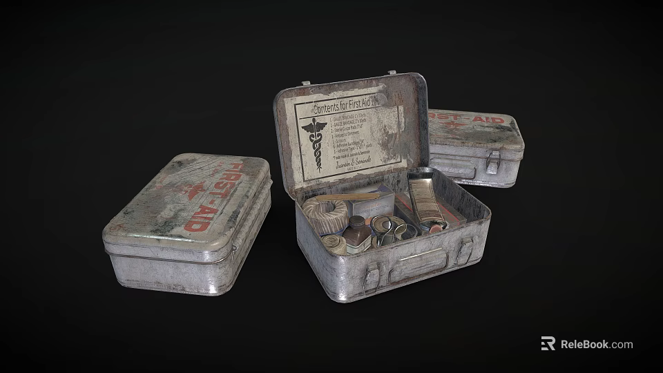 Vintage Metal First Aid Kits With Open Case Containing Scissors Bandages And Medical Supplies 3d model 