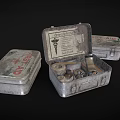 Vintage Metal First Aid Kits With Open Case Containing Scissors Bandages And Medical Supplies