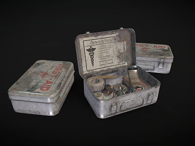 Vintage Metal First Aid Kits With Open Case Containing Scissors Bandages And Medical Supplies 3d model