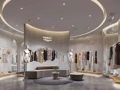 Modern Clothing Store Interior with Circular Ceiling Fashion Apparel Display Mannequins Sofa and Shoes 3d model