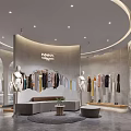 Modern Clothing Store Interior with Circular Ceiling Fashion Apparel Display Mannequins Sofa and Shoes