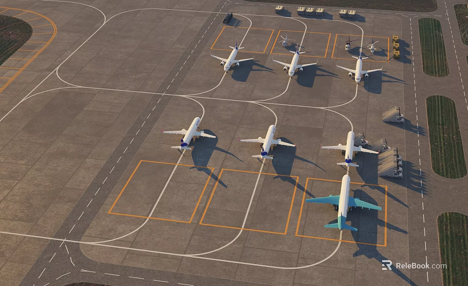 Aerial Planning of Airport Tarmac Layout with Multiple Parked Airplanes 3d model 
