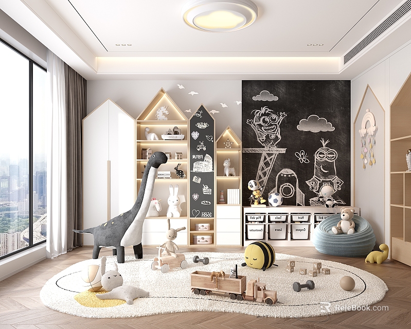 Kids Playroom With Chalkboard Wall House Shaped Storage And Round Rug 3d model 
