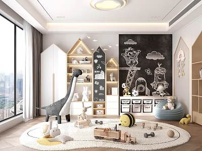 Kids Playroom With Chalkboard Wall House Shaped Storage And Round Rug 3d model