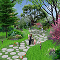 Scenic Park Landscape With Red Umbrellas Outdoor Seating Green Trees And Stone Pavement