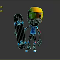 Colorful Cartoon Character Wearing Yellow Green Helmet Holding Black Skateboard On Gray Background
