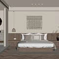 Hotel Guest Room With Minimalist Design Woven Tapestry Round Mirror Wooden Headboard And Herringbone Flooring