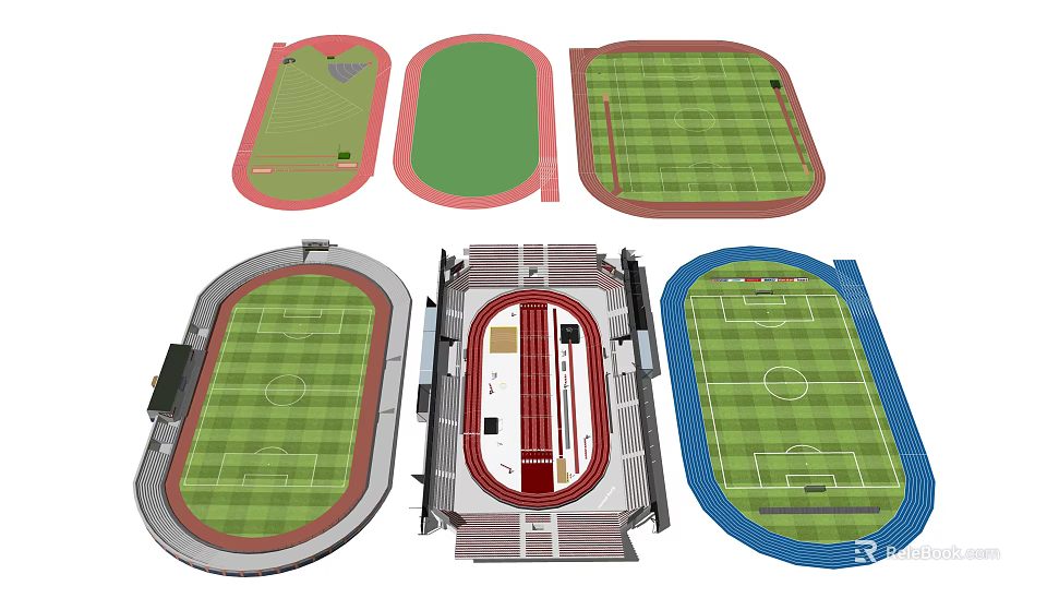Various Designed Soccer Stadiums with Different Shapes Layouts and Grass Fields 3d model 
