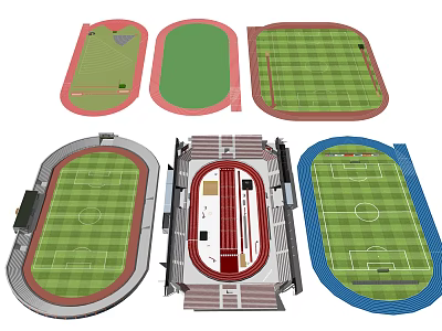Various Designed Soccer Stadiums with Different Shapes Layouts and Grass Fields 3d model