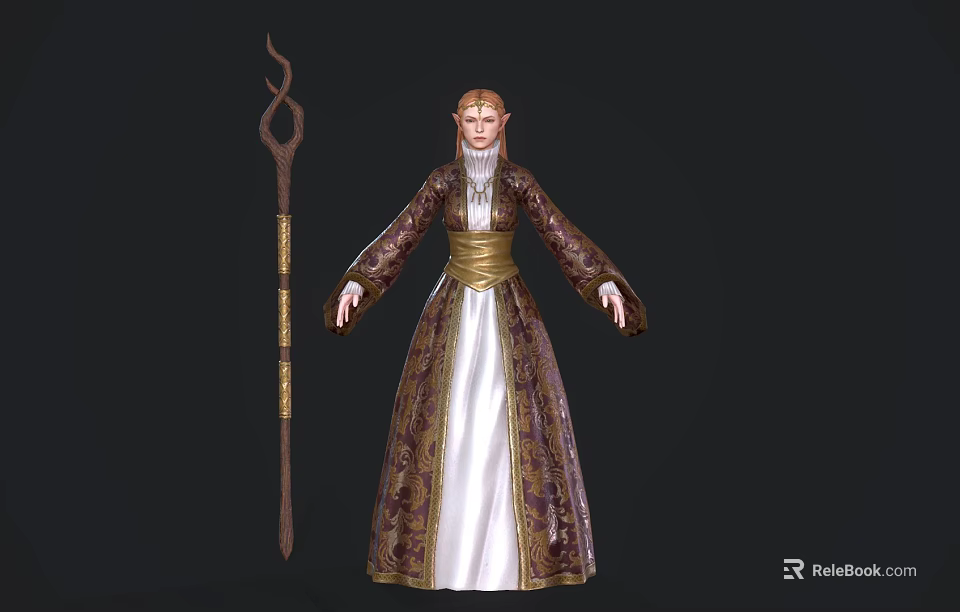 Wizard Character In Ornate Robe Holding Wooden Staff With Golden Accents 3d model 