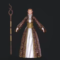 Wizard Character In Ornate Robe Holding Wooden Staff With Golden Accents