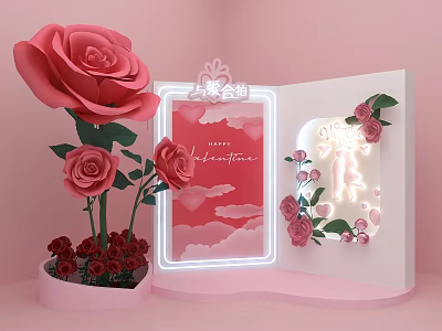 Pink Themed Check in Photo Spot With Roses Neon Lights Hearts And Cloud Background 3d model