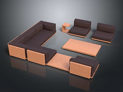 Modern Rattan Sofa Coffee Table Set with L-shaped Sofa Single Chairs Rectangular Table and Dark Cushions 3d model