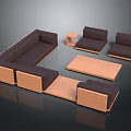 Modern Rattan Sofa Coffee Table Set with L-shaped Sofa Single Chairs Rectangular Table and Dark Cushions 3d model