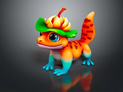 Colorful Lizard Game Movie Character With Big Blue Eyes Green Leaf And Yellow Flower Hat 3d model