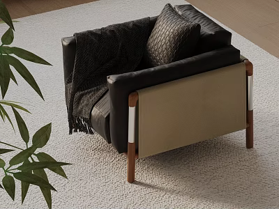 Stylish Black Leather Leisure Chair With Beige Backrest Wooden Legs And Decorative Pillow 3d model