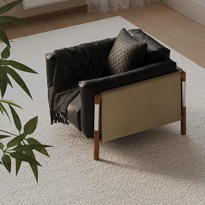 Stylish Black Leather Leisure Chair With Beige Backrest Wooden Legs And Decorative Pillow 3d model
