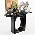 Modern Black Console Table With Circular Cutout Design And Decorative Ornaments 3d model