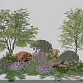 Beautiful Flowering Shrubs With Various Greenery And Rocks In Garden Landscape