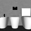 Three Different White Toilets in Modern Bathroom with Grey Marble Wall and Flush Button