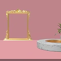 Golden Ornate Frame And Green Plant On Pink Background With Marble Pedestal