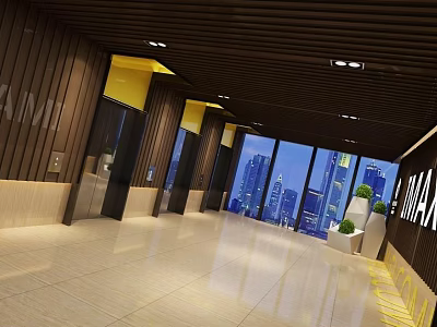 Modern Elevator Hallway With Wooden Walls Yellow Accents Large Windows And City Skyline View 3d model
