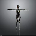 Female Cyborg Figure with Mechanical and Biological Elements Standing with Arms Outstretched Against Gray Background