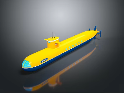 Yellow and Blue Submarine 3D Model with Windows Conning Tower and Reflection 3d model