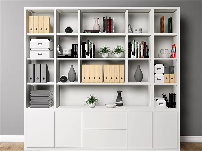 White Bookcase With Multiple Shelves Filled With Books Binders Vases Small Plants And Storage Boxes 3d model