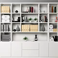 White Bookcase With Multiple Shelves Filled With Books Binders Vases Small Plants And Storage Boxes